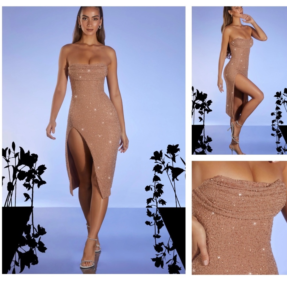 NWT OH POLLY VERBIER Embellished Bandeau Cowl Neck Midi Dress in Nude